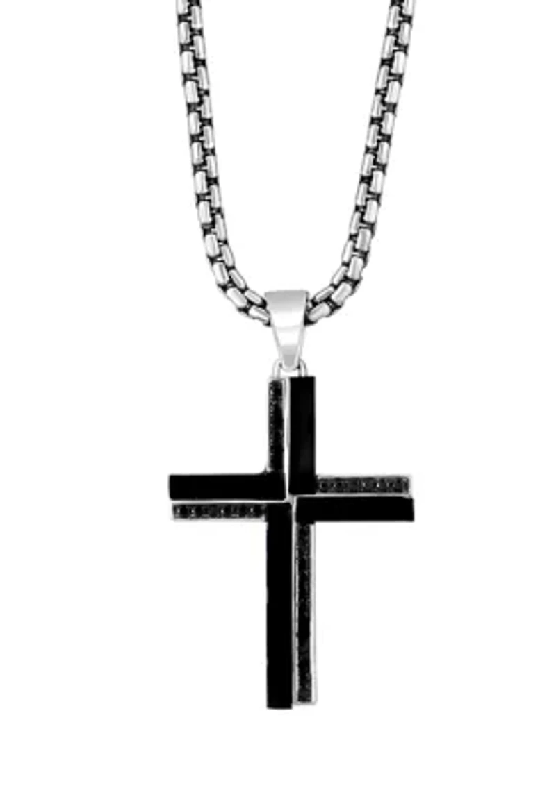 Men's Onyx and Black Spinel Cross Pendant Necklace in Sterling Silver