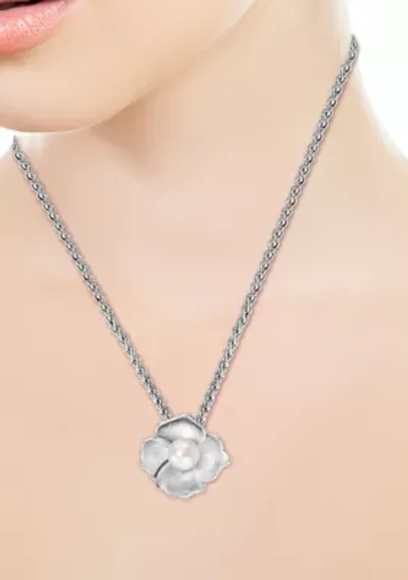 Sterling Silver Freshwater Pearl  Flower Pendant Necklace 