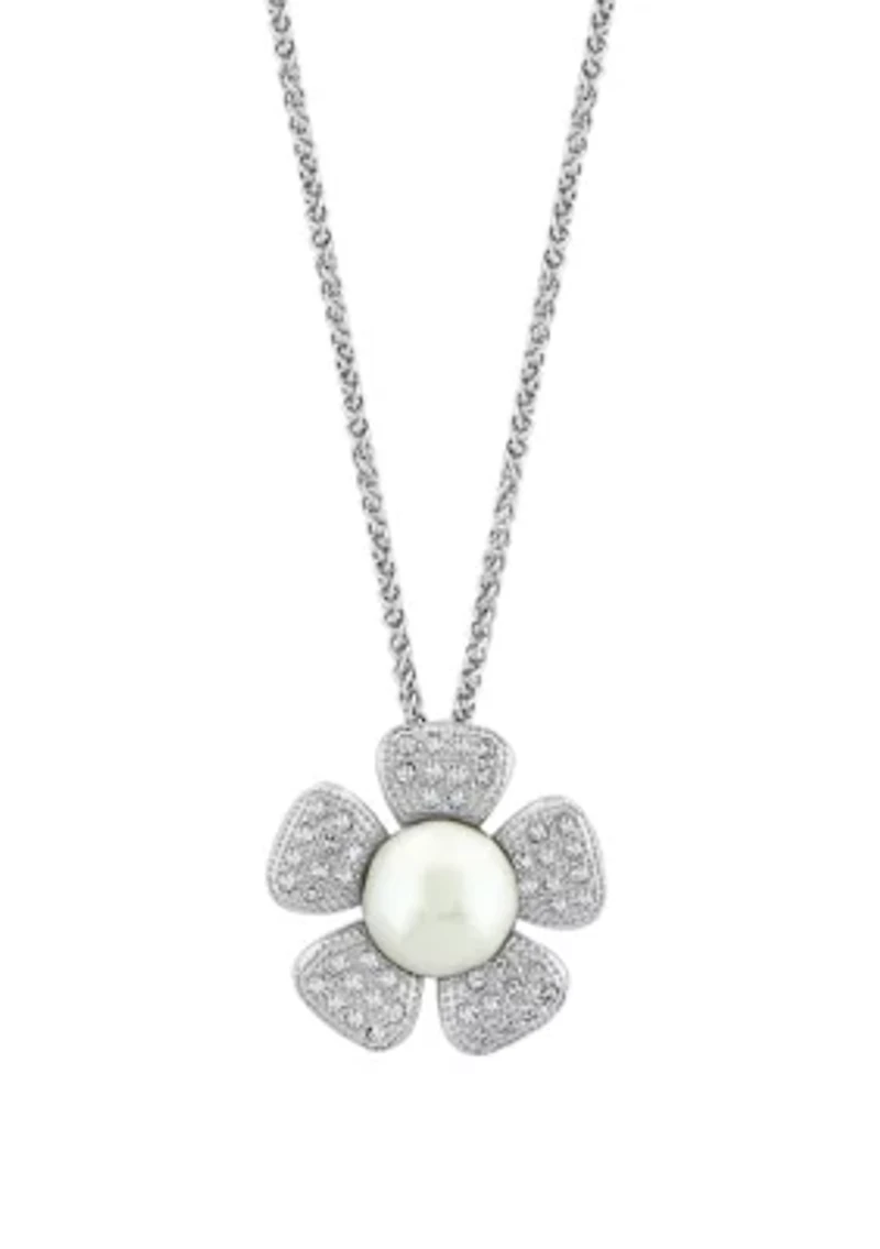 White Topaz and Freshwater Pearl Flower Pendant Necklace in Sterling Silver