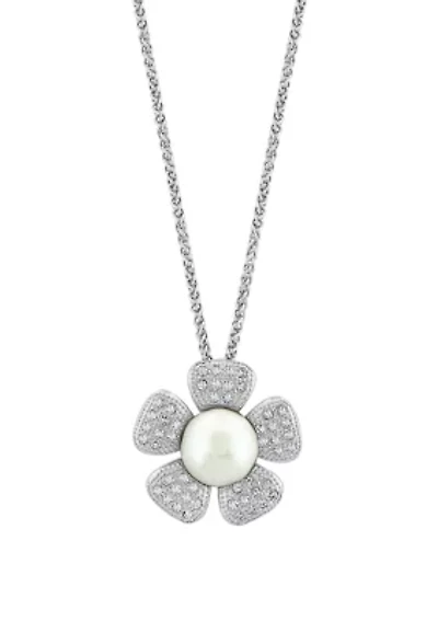 White Topaz and Freshwater Pearl Flower Pendant Necklace in Sterling Silver