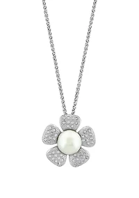 White Topaz and Freshwater Pearl Flower Pendant Necklace in Sterling Silver
