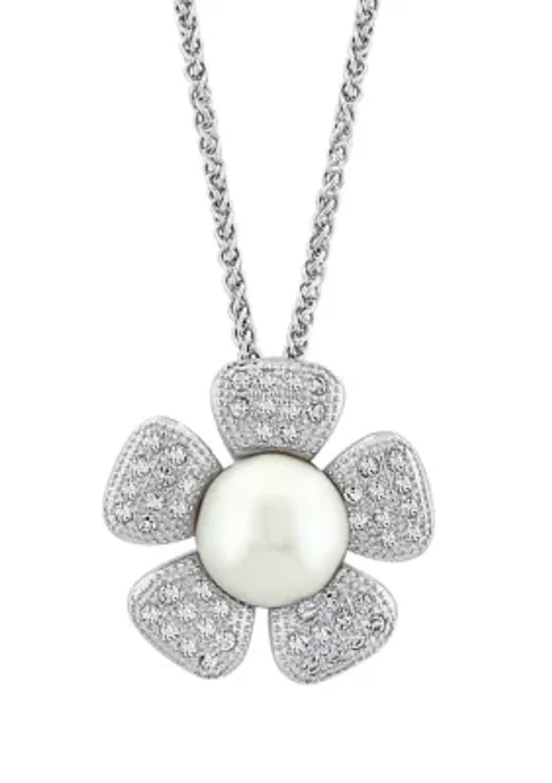 White Topaz and Freshwater Pearl Flower Pendant Necklace in Sterling Silver