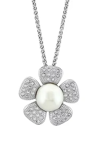 White Topaz and Freshwater Pearl Flower Pendant Necklace in Sterling Silver