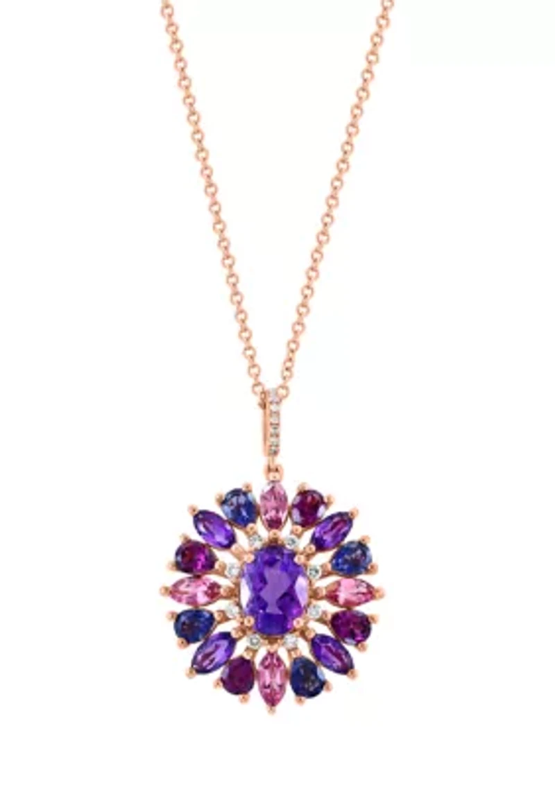 Diamond, Amethyst, Rhodolite, Iolite, Pink Tourmaline Pendant Necklace in 14K Rose Gold