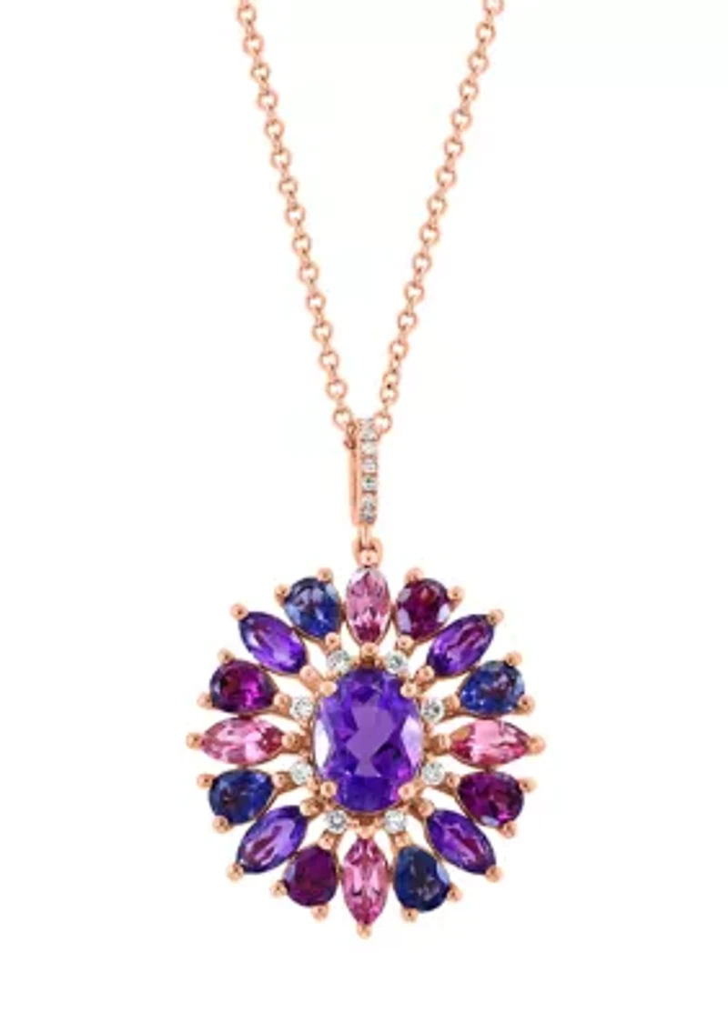 Diamond, Amethyst, Rhodolite, Iolite, Pink Tourmaline Pendant Necklace in 14K Rose Gold