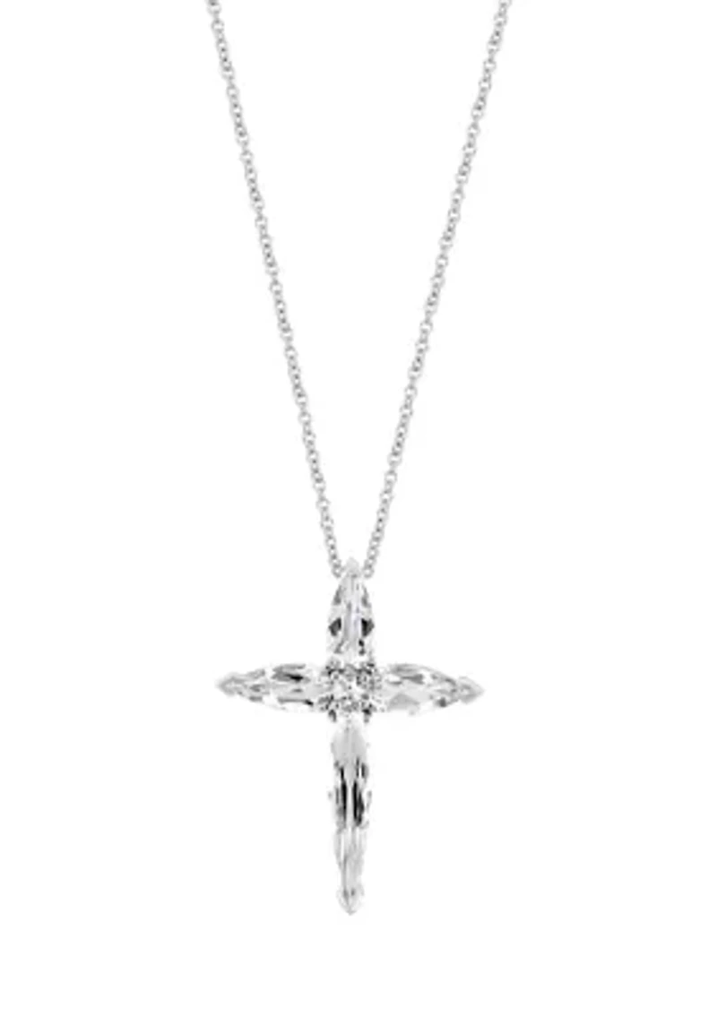 White Topaz Cross Pendant Necklace in 14K White Gold