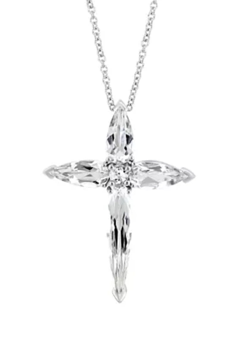White Topaz Cross Pendant Necklace in 14K White Gold