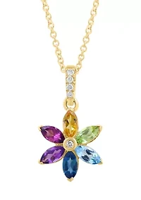 Diamond Amethyst Blue Topaz London Blue Topaz Citrine Rhodolite Peridot Pendant Necklace in 14K Yellow Gold