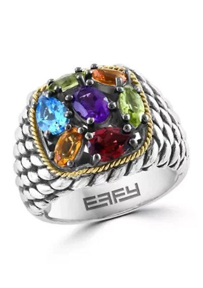 Amethyst, Blue Topaz, Citrines, Garnet and Peridot Ring in Sterling Silver and  18K Yellow Gold
