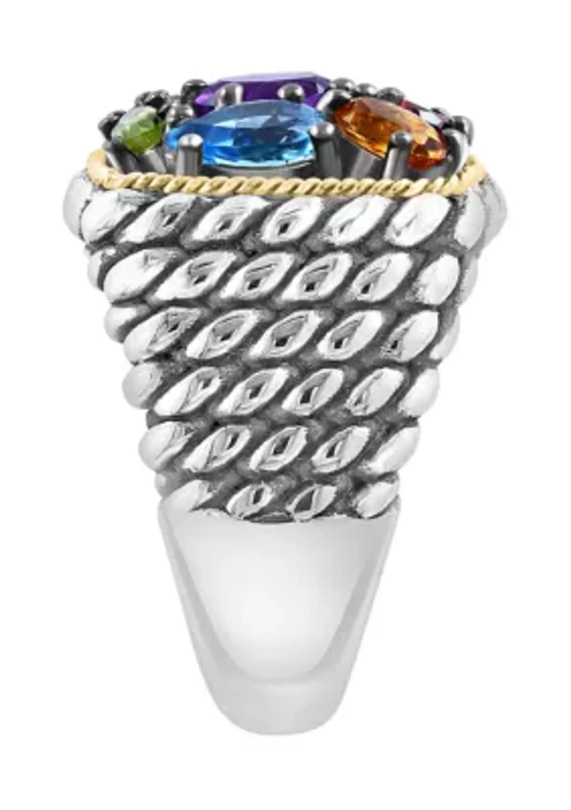 Amethyst, Blue Topaz, Citrines, Garnet and Peridot Ring in Sterling Silver and  18K Yellow Gold
