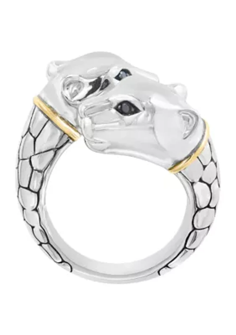 Black Diamond Panther Ring in Sterling Silver and 18K Yellow Gold
