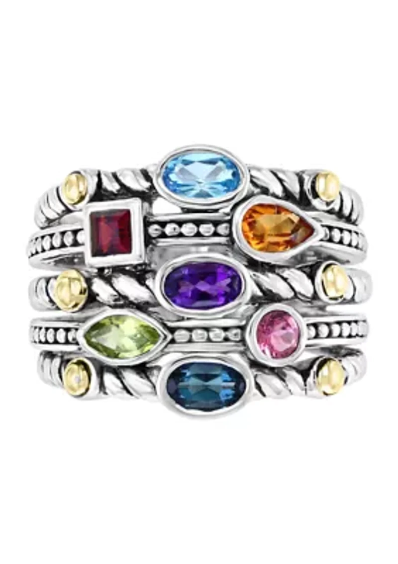 Sterling Silver/18K Yellow Gold 1.35 ct. t.w. Amethyst, Blue Topaz, London Blue Topaz, Citrine, Garnet, Pink Tourmaline, and Peridot Ring