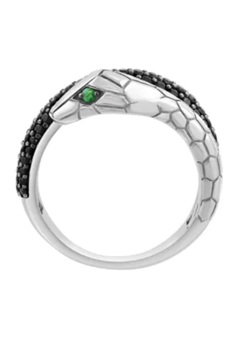 Tsavorite and Black Spinel Snake Ring in Sterling Silver