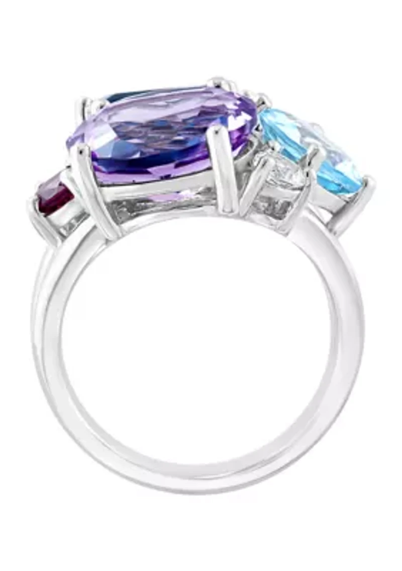 Pink Amethyst, Blue Topaz, White Topaz, and Rhodolite Ring in Sterling Silver