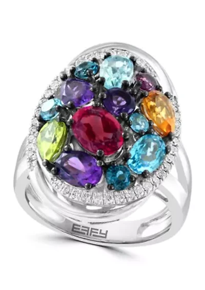 Sterling Silver Diamond, Multi Gemstone Ring 