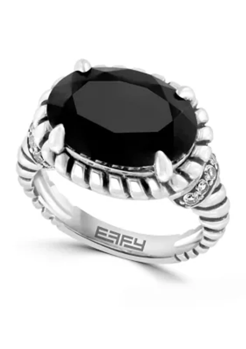 White Topaz Onyx Cable Ring In Sterling Silver