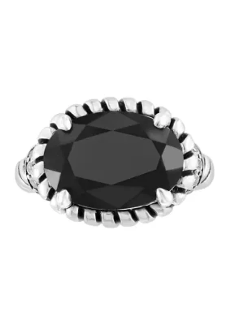 White Topaz Onyx Cable Ring In Sterling Silver