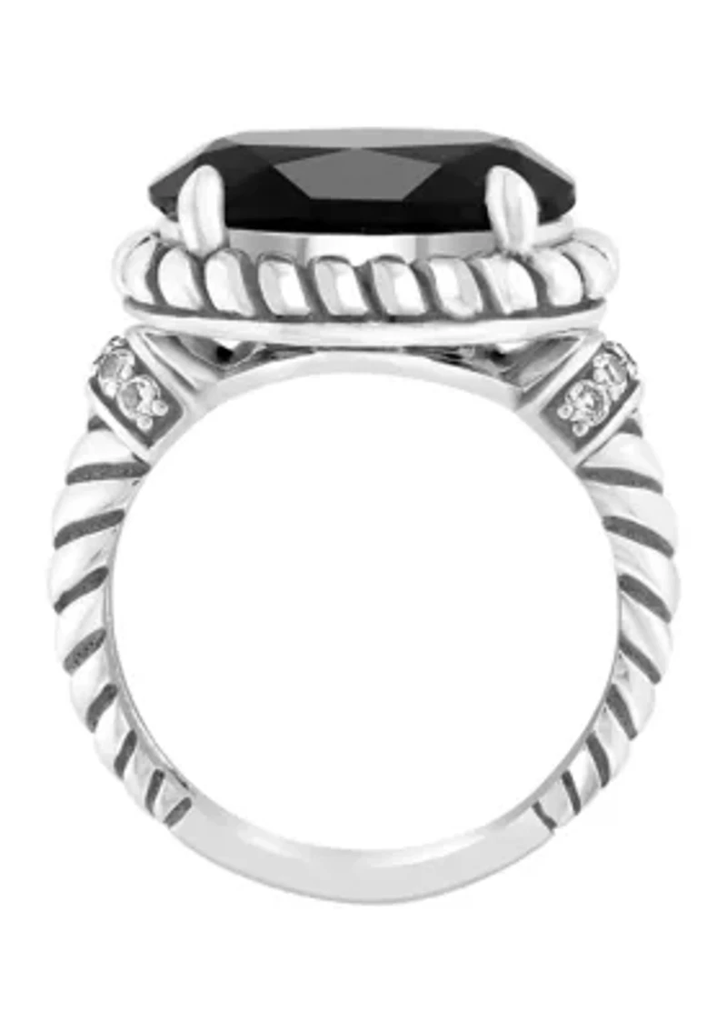 White Topaz Onyx Cable Ring In Sterling Silver