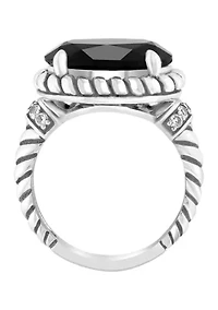 White Topaz Onyx Cable Ring In Sterling Silver 