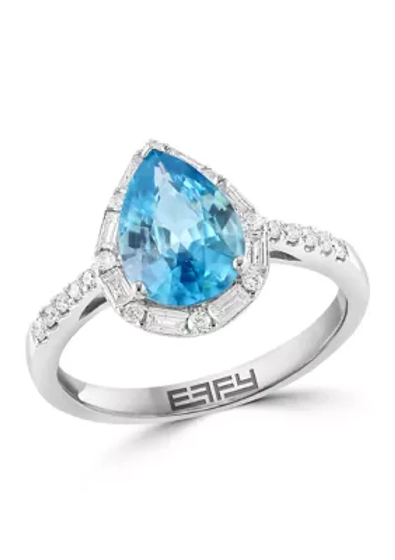 Diamond and Blue Zircon Pear Ring in 14K White Gold
