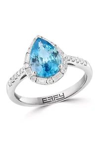 Diamond and Blue Zircon Pear Ring in 14K White Gold