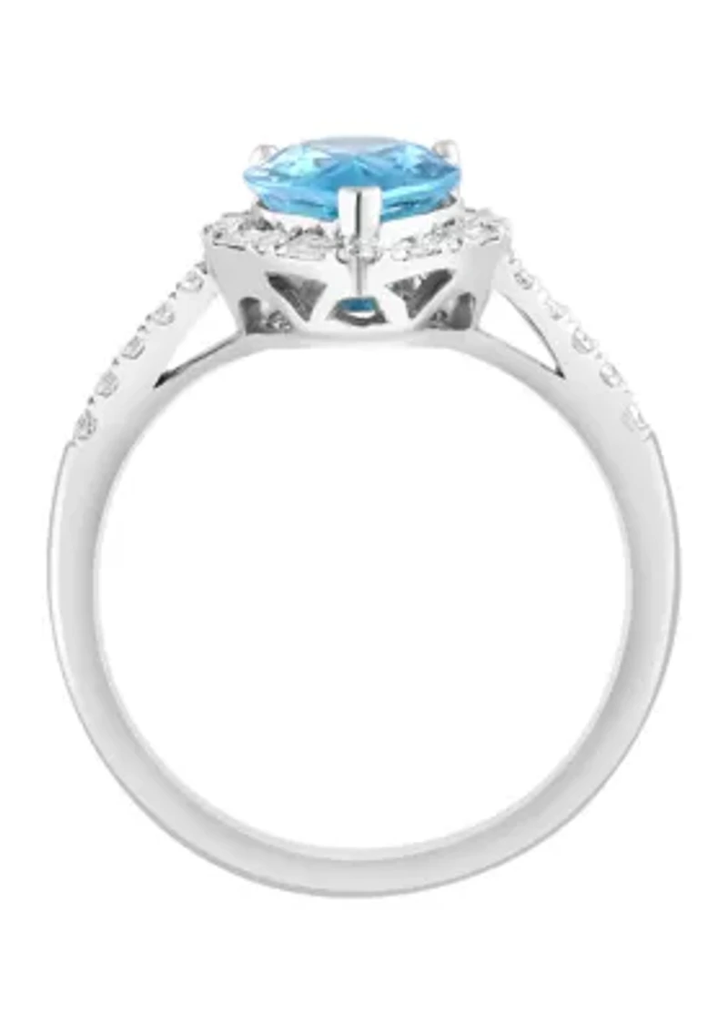 Diamond and Blue Zircon Pear Ring in 14K White Gold