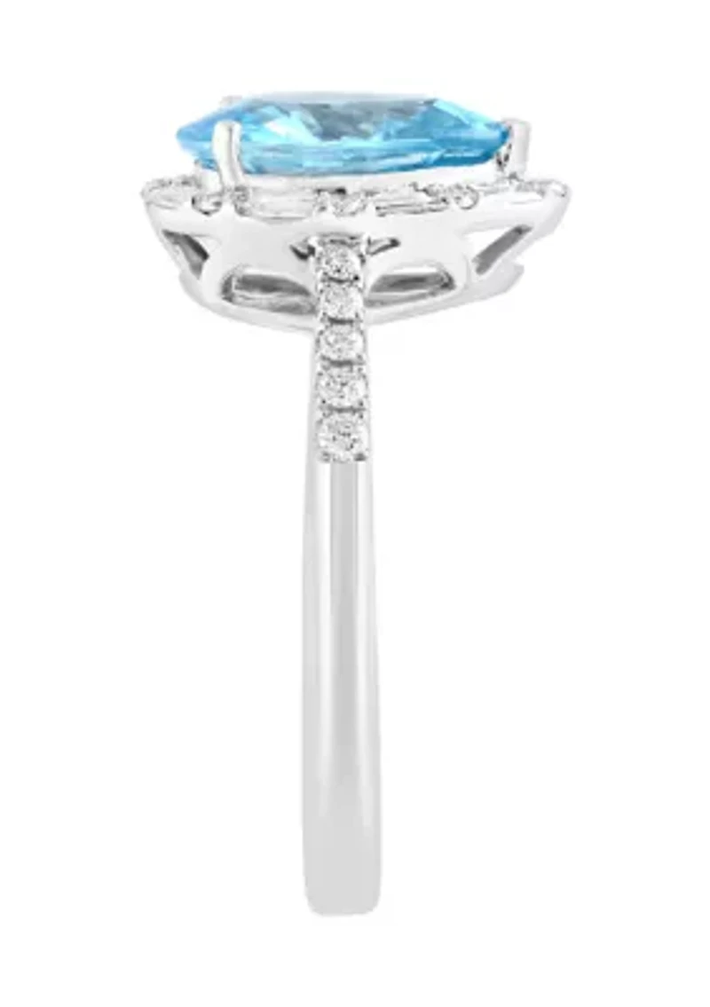 Diamond and Blue Zircon Pear Ring in 14K White Gold
