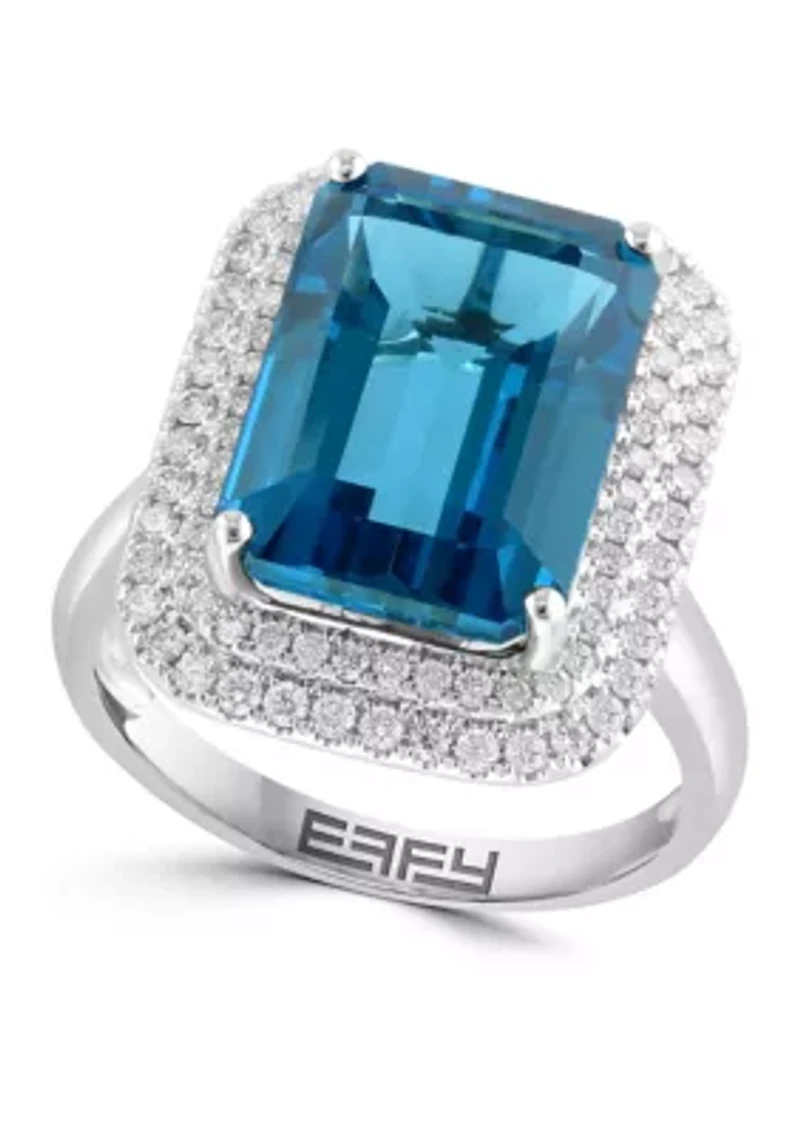 Diamond and London Blue Topaz Emerald Cut Ring in 14K White Gold