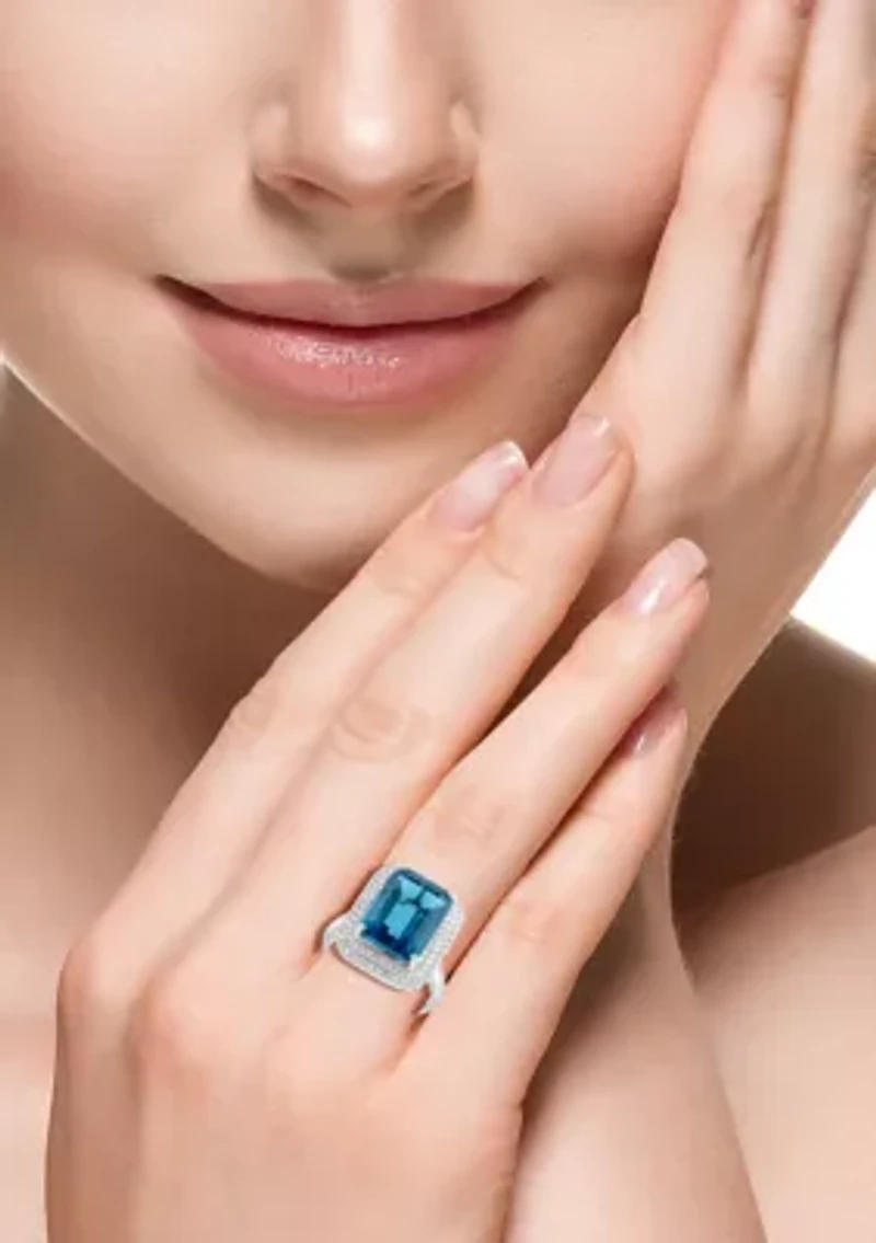 Diamond and London Blue Topaz Emerald Cut Ring in 14K White Gold