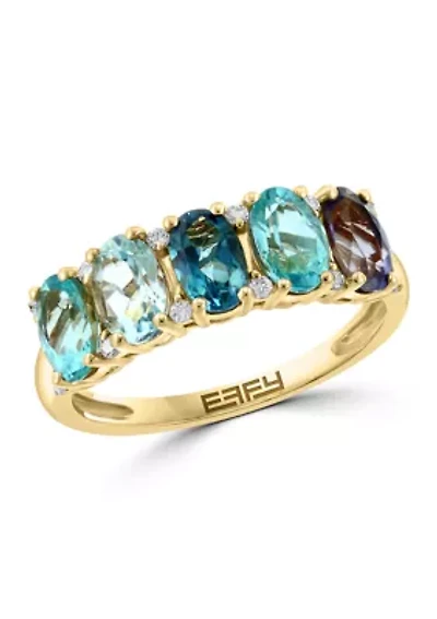 14K Yellow Gold Diamond London Blue Topaz Sky Blue Topaz Iolite Apatite Ring