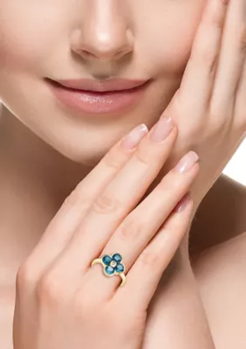 Diamond and Blue Topaz Flower Ring in 14K Yellow Gold