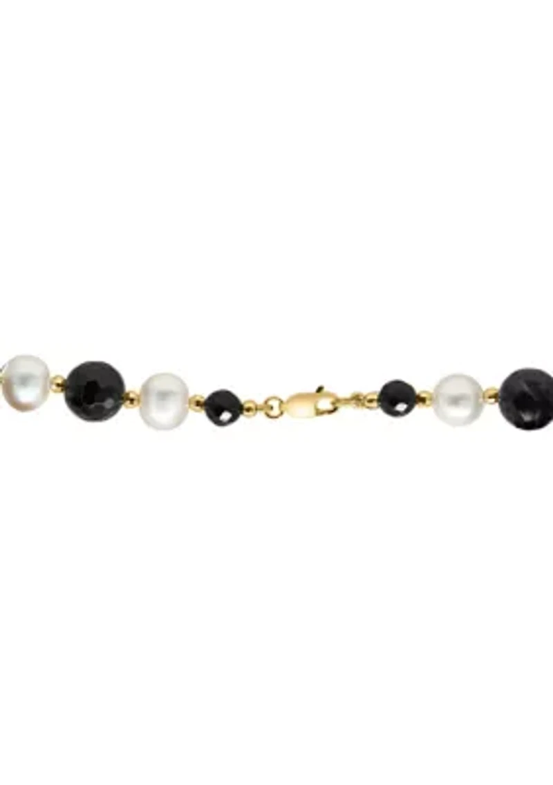  14K Yellow Gold Freshwater Pearl and Onyx 18 Inch Necklace 