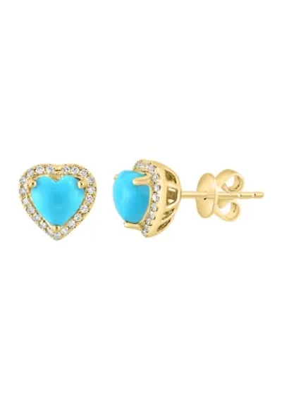 Diamond and Turquoise Heart Earrings in 14K Yellow Gold