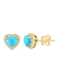 Diamond and Turquoise Heart Earrings in 14K Yellow Gold