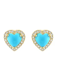 Diamond and Turquoise Heart Earrings in 14K Yellow Gold