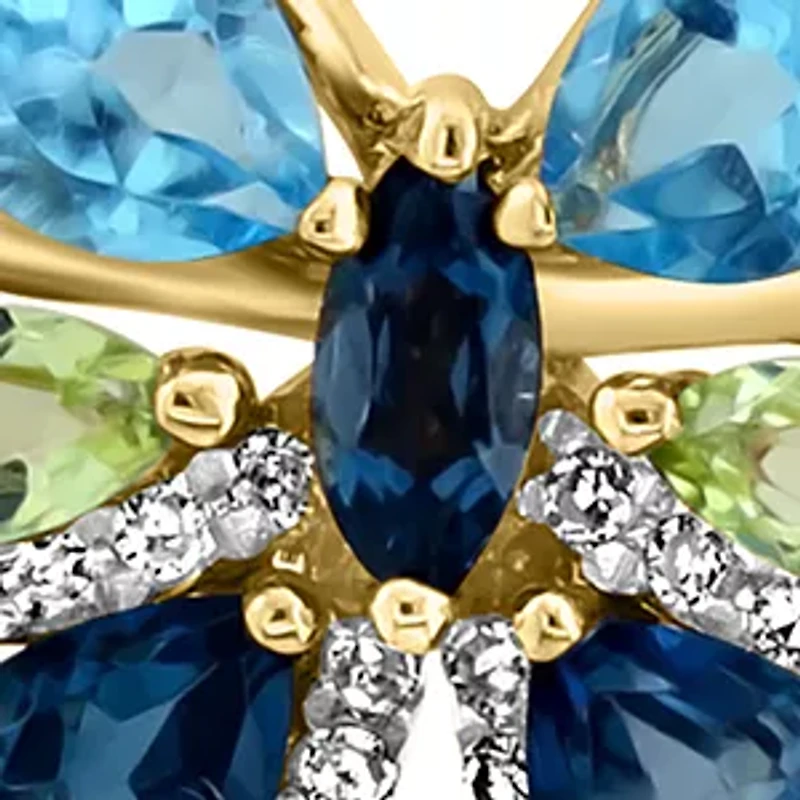 Diamond, Blue Topaz and Peridot Butterfly Stud Earrings in 14K Yellow Gold