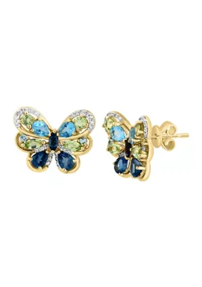 Diamond, Blue Topaz and Peridot Butterfly Stud Earrings in 14K Yellow Gold