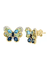 Diamond, Blue Topaz and Peridot Butterfly Stud Earrings in 14K Yellow Gold