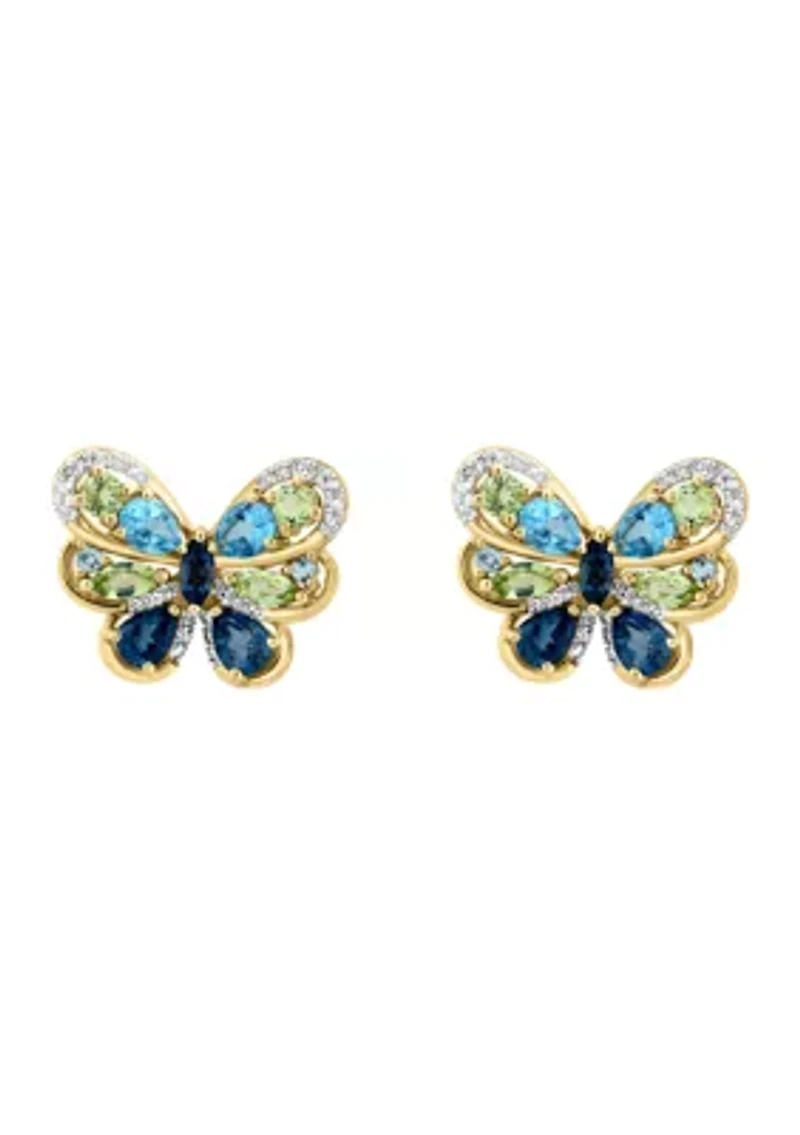 Diamond, Blue Topaz and Peridot Butterfly Stud Earrings in 14K Yellow Gold