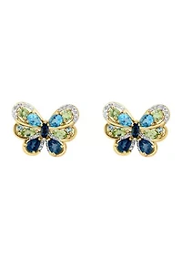 Diamond, Blue Topaz and Peridot Butterfly Stud Earrings in 14K Yellow Gold