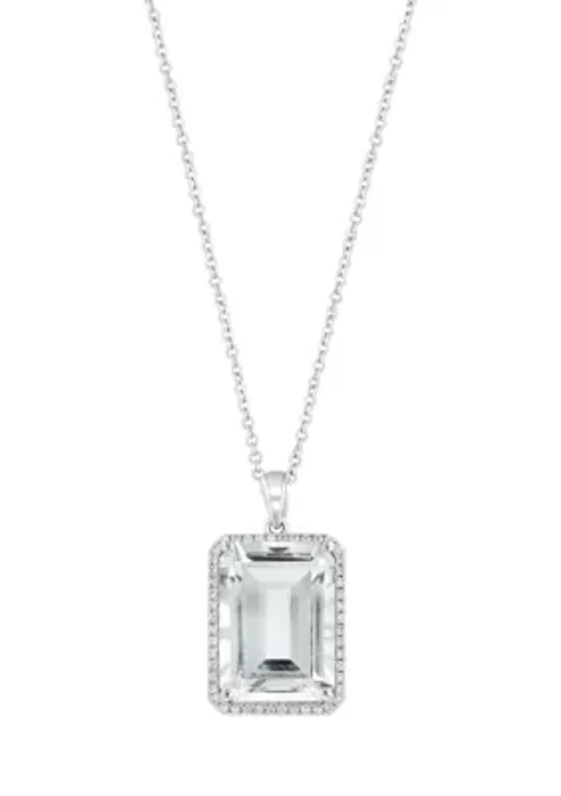 Diamond and White Topaz Emerald Cut Pendant Necklace in 14K White Gold