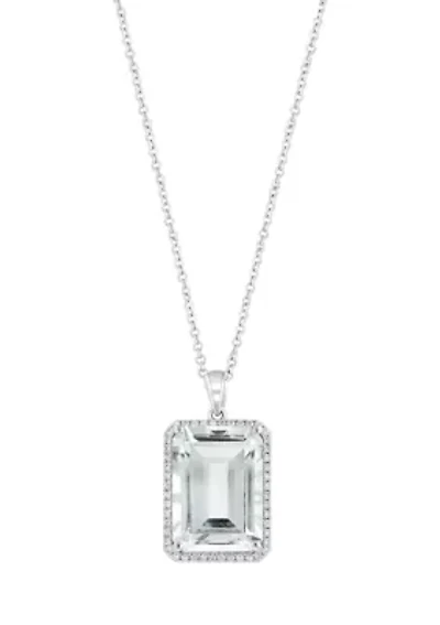 Diamond and White Topaz Emerald Cut Pendant Necklace in 14K White Gold