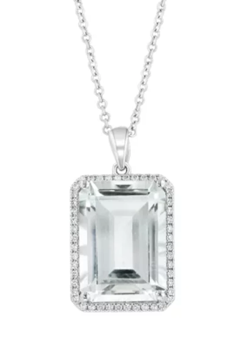 Diamond and White Topaz Emerald Cut Pendant Necklace in 14K White Gold