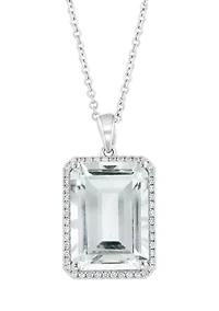 Diamond and White Topaz Emerald Cut Pendant Necklace in 14K White Gold