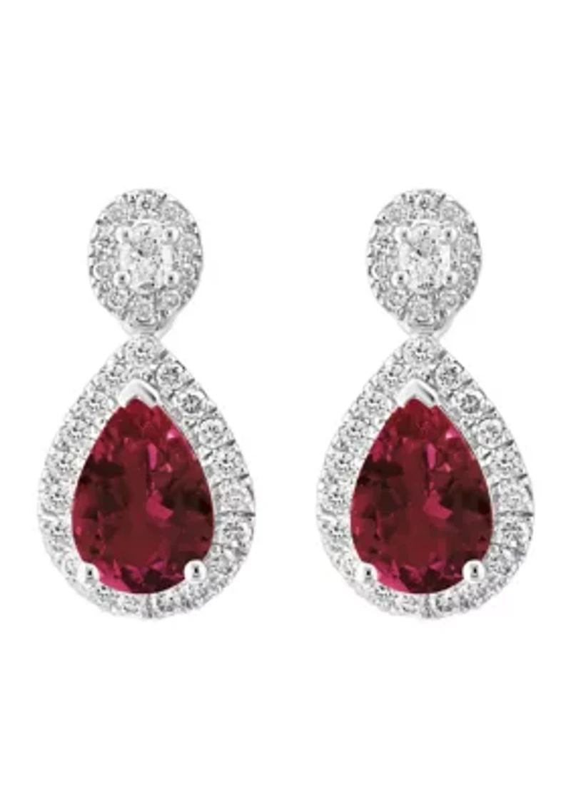 Diamond and Rhodolite Pear Earrings in 14K White Gold