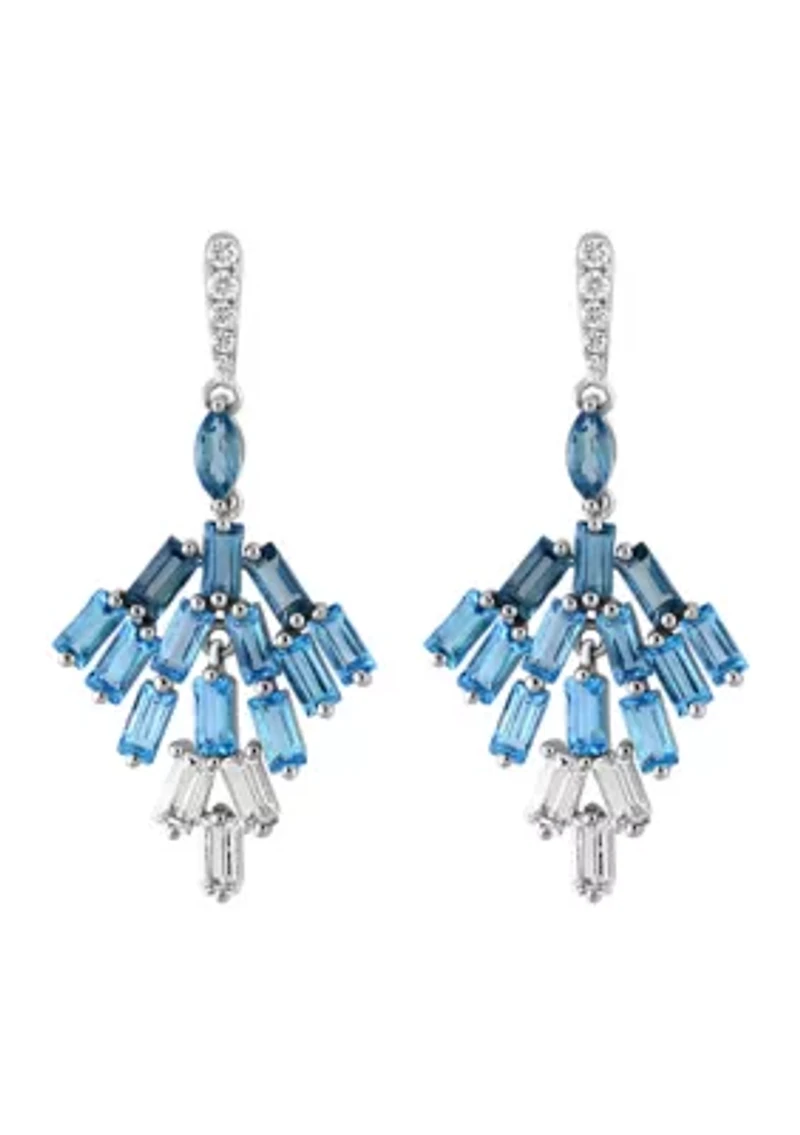 Diamond, Green Amethyst and Blue Topaz Dangle Earrings in 14K White Gold