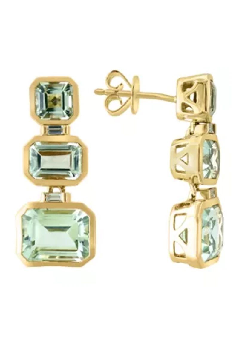Diamond and Green Amethyst 3 Stone Dangle Earrings in 14K Yellow Gold