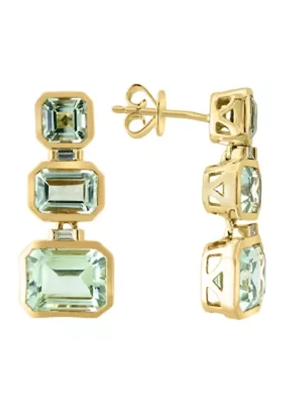 Diamond and Green Amethyst 3 Stone Dangle Earrings in 14K Yellow Gold