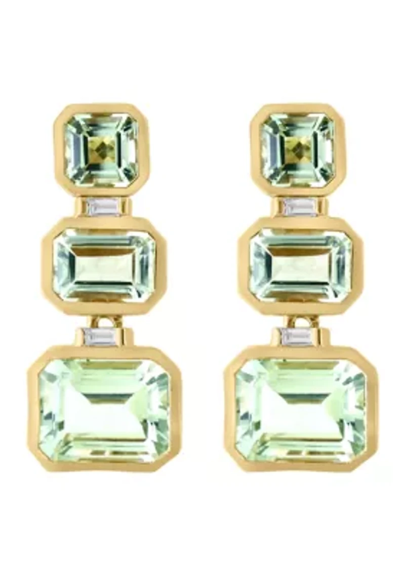 Diamond and Green Amethyst 3 Stone Dangle Earrings in 14K Yellow Gold