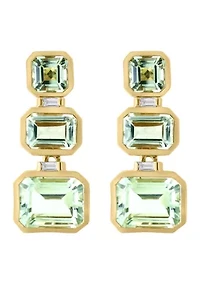 Diamond and Green Amethyst 3 Stone Dangle Earrings in 14K Yellow Gold